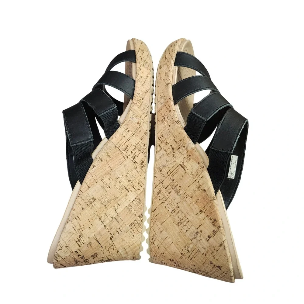 Crocs A-Leigh Leather Slide Wedge Black Tan Cork Sandals Womens 9 Beach Comfort